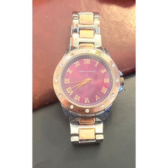 35mm Two Tone Jessica Carlyle Watch, Maroon Face, Crystal Accents - Picture 3 of 4